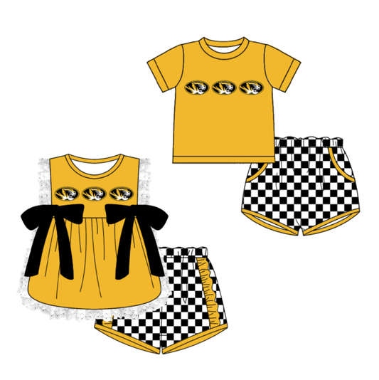CUSTOM MOQ 5 Cute Comfortable Clothing For Kids Sibling Boys Baby Girls Summer Golden Top Checked Shorts Team Clothes Sets