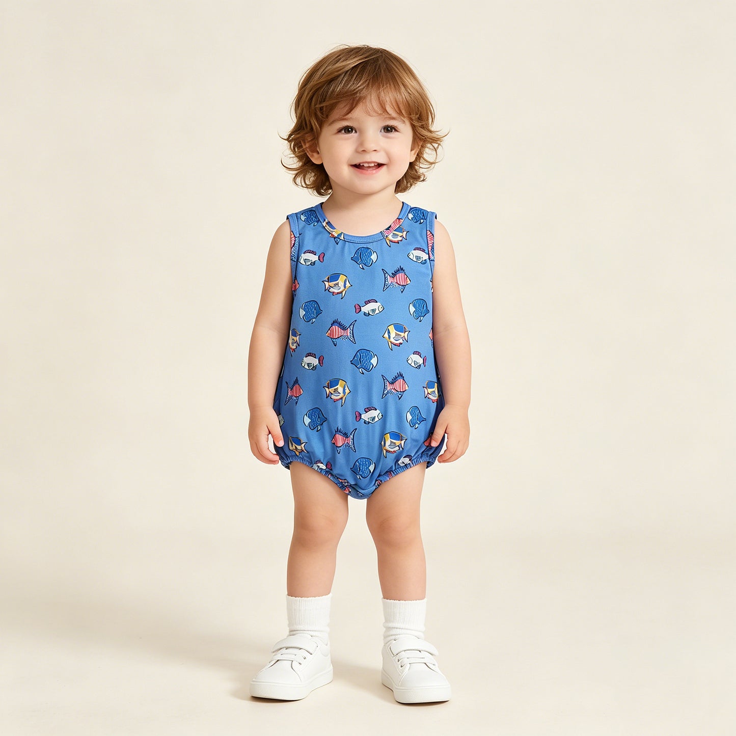 SR4151 RTS NO MOQ （In stock）Sleeveless blue fish baby boy summer romper