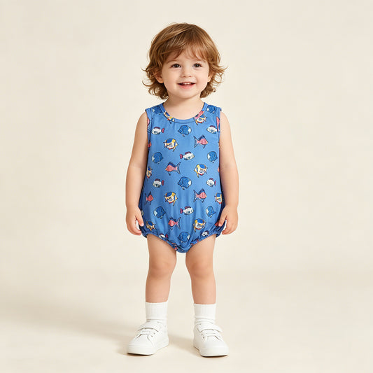 SR4151 RTS NO MOQ （In stock）Sleeveless blue fish baby boy summer romper