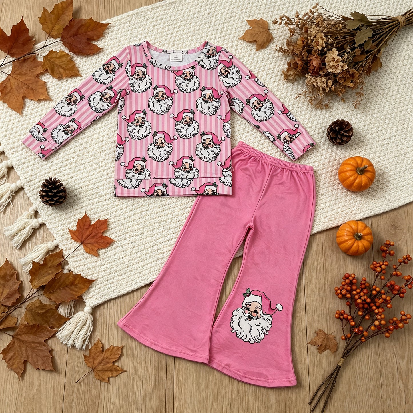 RTS NO MOQ （In stock）GLP3538 milk silk Baby Girls Pink Stripe Santa Top Flare Pant Christmas Clothes Sets