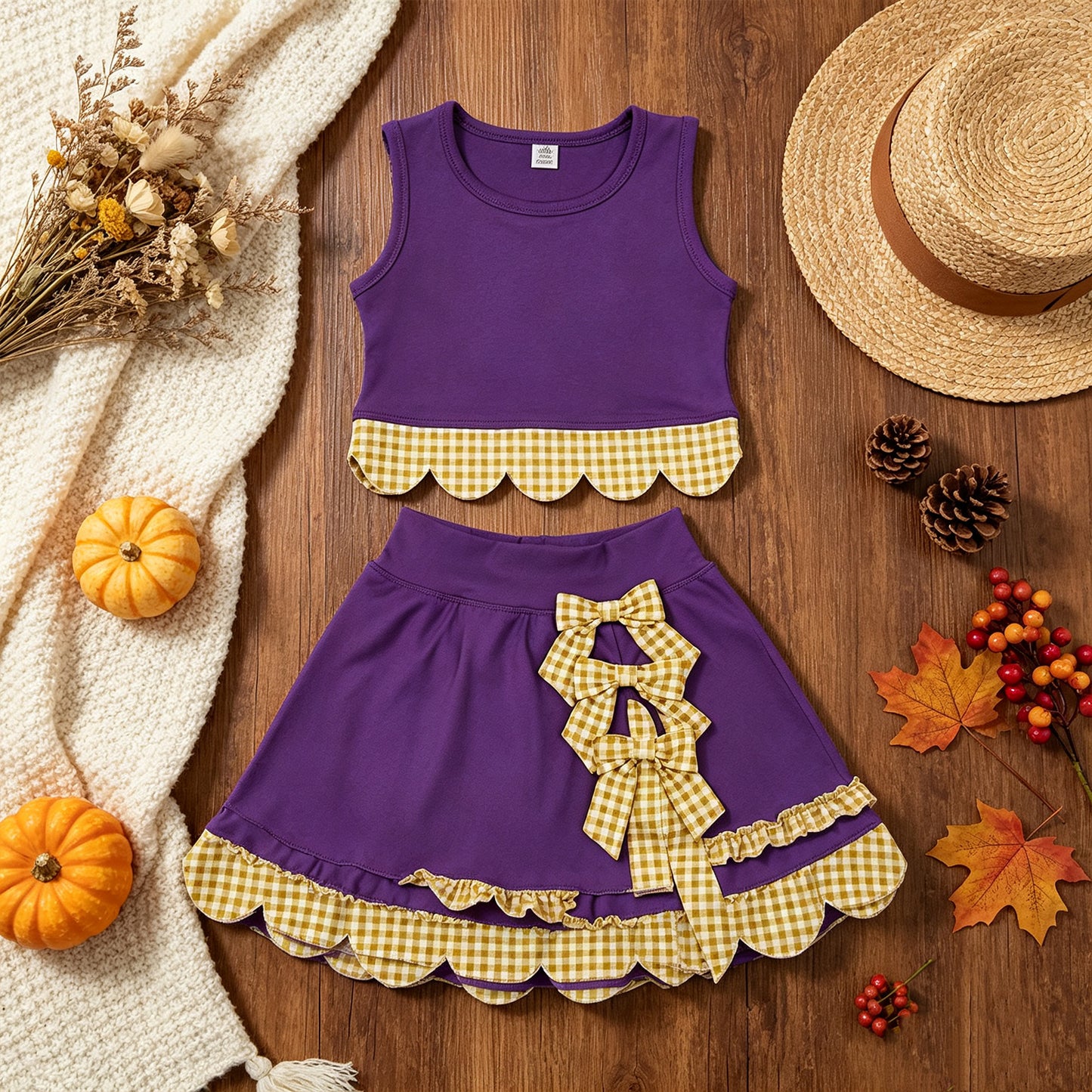 RTS NO MOQ （In stock）yoga fabric GSD4267 Yoga Baby Girls Purple Yellow Vest Bows Skirt Short Yoga Active Scallop Set
