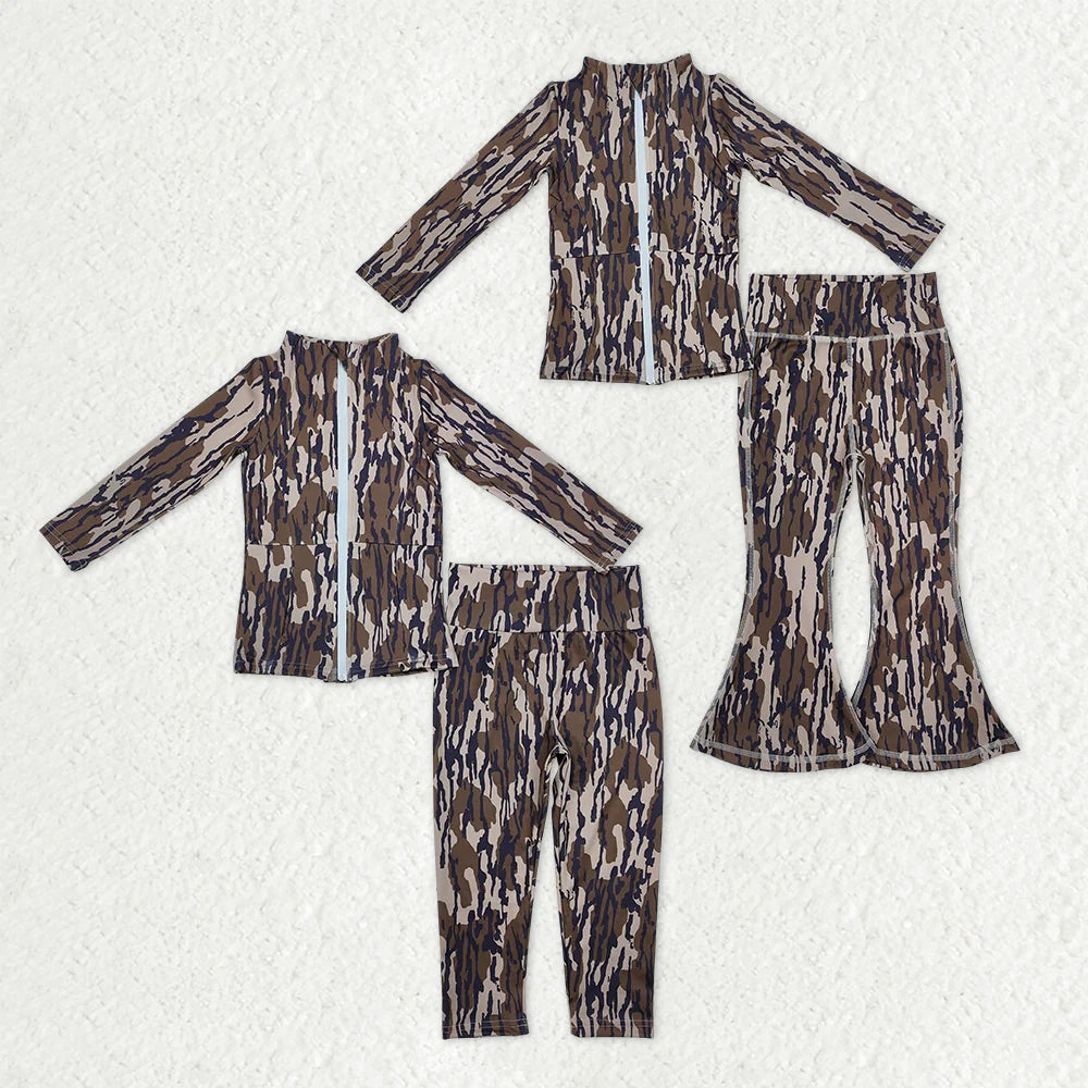 12.9 RTS Sibling Baby Girls Southern Olive Camo Zip Pockets Jackets Pants Yoga Active Clothes Sets