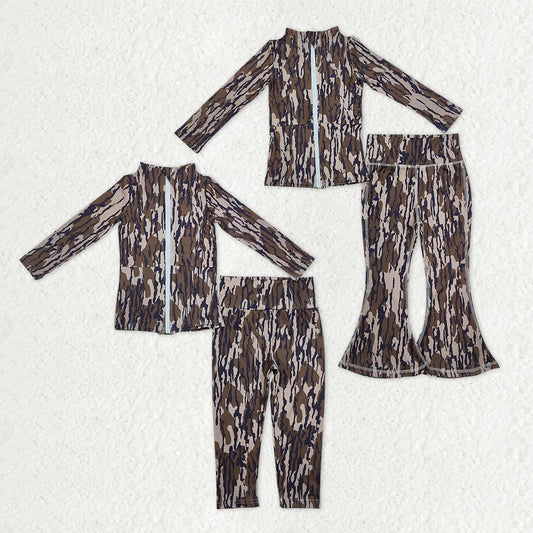 12.9 RTS Sibling Baby Girls Southern Olive Camo Zip Pockets Jackets Pants Yoga Active Clothes Sets