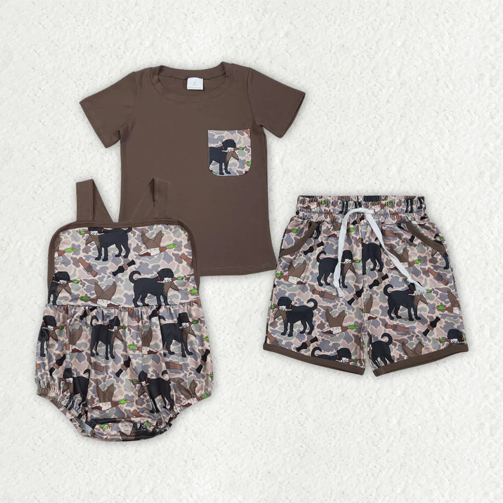 3.18 RTS Sibling Baby Boys Brown Top Dog Ducks Camo Pockets Short Hunting Clothes Set Rompers