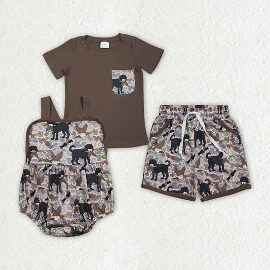3.18 RTS Sibling Baby Boys Brown Top Dog Ducks Camo Pockets Short Hunting Clothes Set Rompers