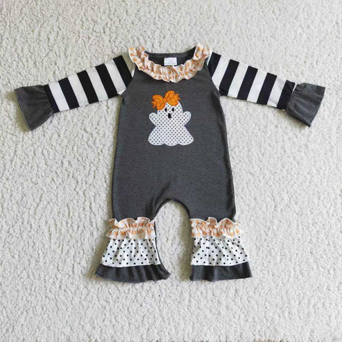 9.19 RTS Sibling Baby Girls Black Stripe Embroidery Ghost Tunic Leggings Pants Halloween Clothes Sets Rompers