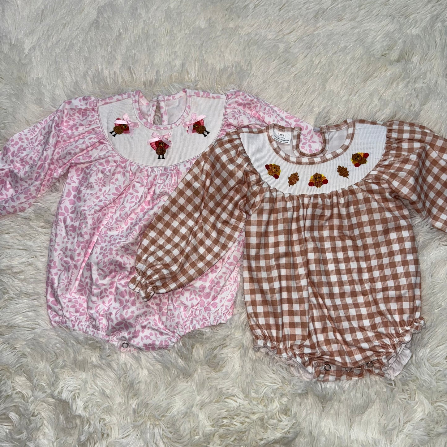 11.4 RTS Sibling Smocked Baby Girls Thanksgiving Turkey Bows Ruffle Rompers Dresses