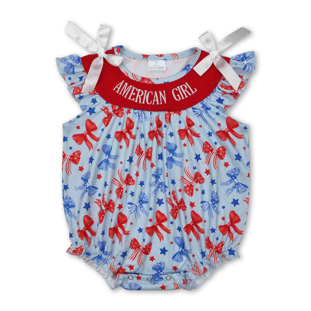RTS Sibling Short sleeves flag bow embroidery baby girl 4th of july romper