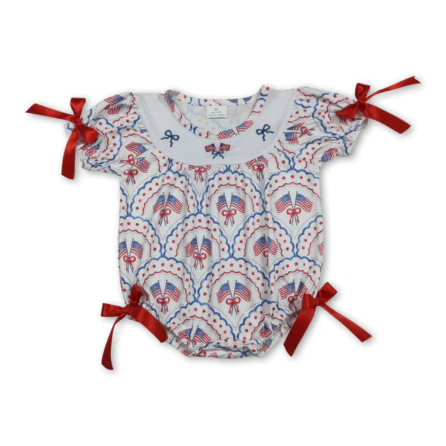 RTS Sibling Short sleeves flag bow embroidery baby girl 4th of july romper