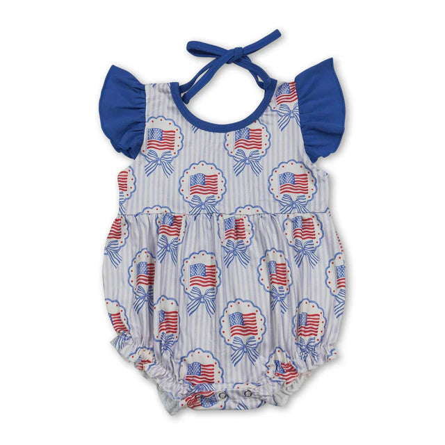 RTS Sibling Short sleeves flag bow embroidery baby girl 4th of july romper