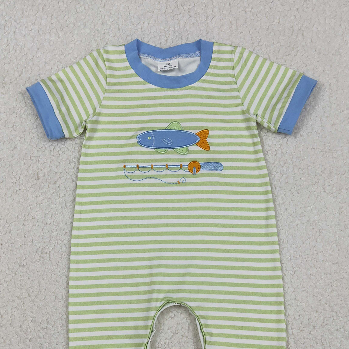 12.6 RTS NO MOQ （In stock）SR3329 Baby Boys Rompers Embroidery Fishing Baby Boys Stripe Hunting Footie Rompers