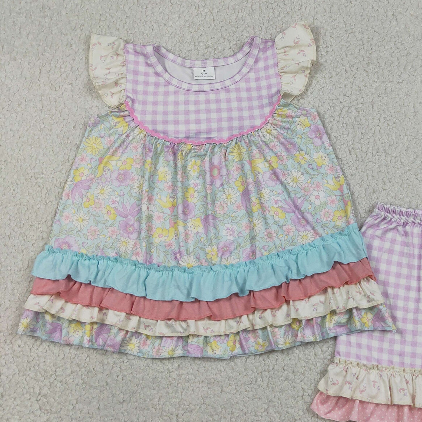 GSSO3485 RTS NO MOQ （In stock ）Flutter sleeves floral ruffle tunic plaid shorts girls outfits