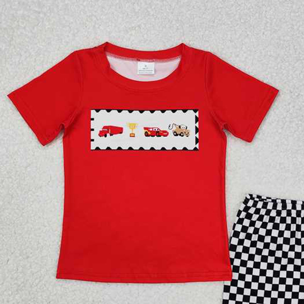 5.16  BSSO1079 RTS NO MOQ Red cars top black plaid shorts boys clothes