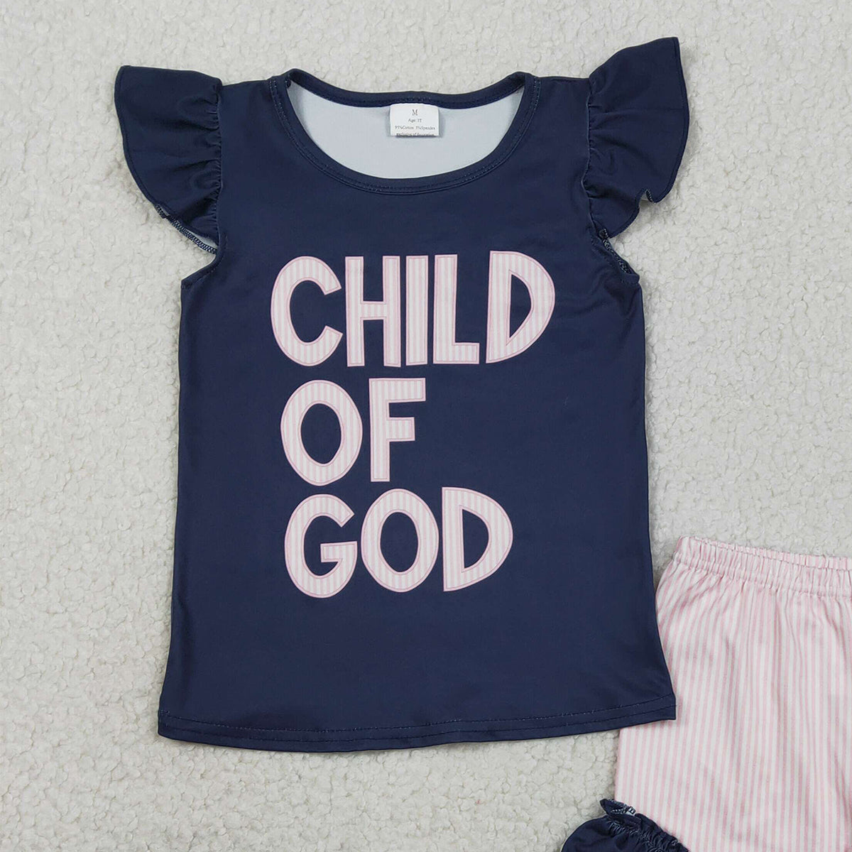 2.3 RTS NO MOQ （In stock）GSSO2933 Baby Girls Flutter Sleeve Child of God Top Ruffle Shorts Clothes Sets