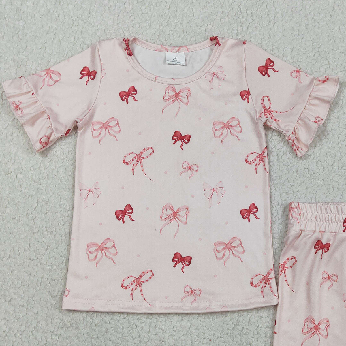 1.27 RTS NO MOQ （In stock）GSSO2996 Baby Girls Pink Bows Top Ruffle Shorts Pajamas Clothes Sets