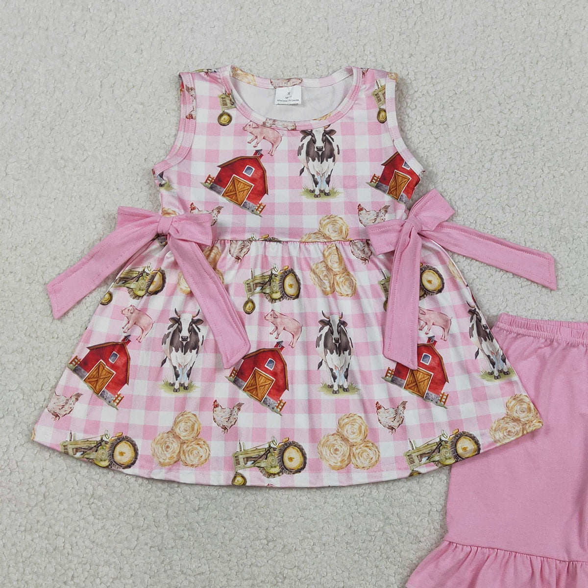 2.4 RTS NO MOQ （In stock）GSSO3100 Baby Girls Sleeveless Pink Checked House Cows Tunic Ruffle Shorts Farm Clothes Sets