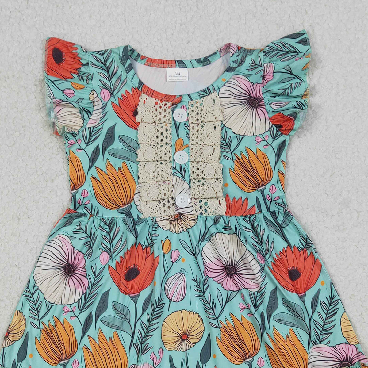 4.11 GSD4093 RTS NO MOQ （In stock ）Baby Girls Flutter Sleeve Colorful Flowers Button Ruffle Knee Length Dresses