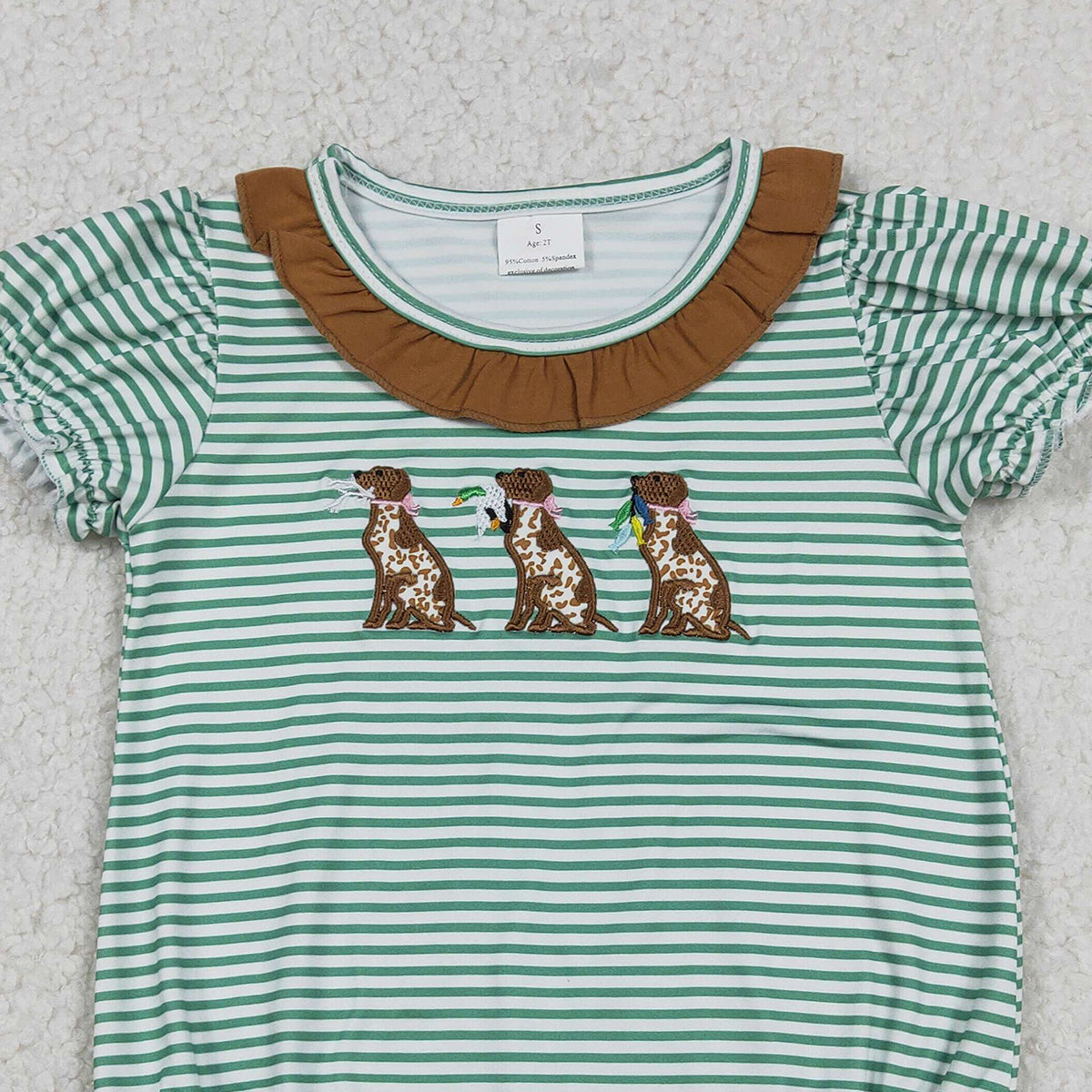 12.22 RTS NO MOQ （In stock）SR3404 Embroidery Ducks Dogs Baby Girls Stripe Collar Hunting Ruffle Rompers