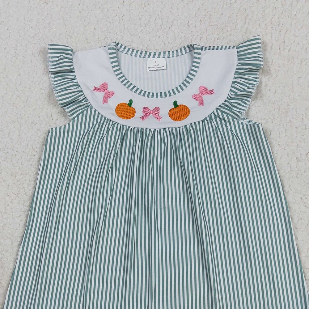 8.27 RTS NO MOQ （In stock）GSD2746 Baby Girls Summer Dress Embroidery Baby Girls Green Stripe Bows Pumpkins Fall Knee Length Dresses