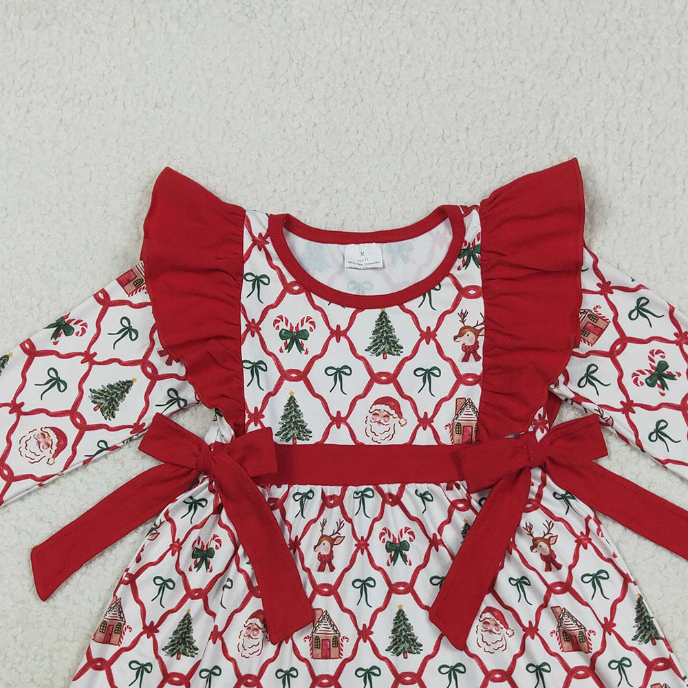 RTS NO MOQ （In stock）GLD1158 Baby Girls Winter Dress Baby Girls Christmas Deers Bows Trees Knee Length Dresses