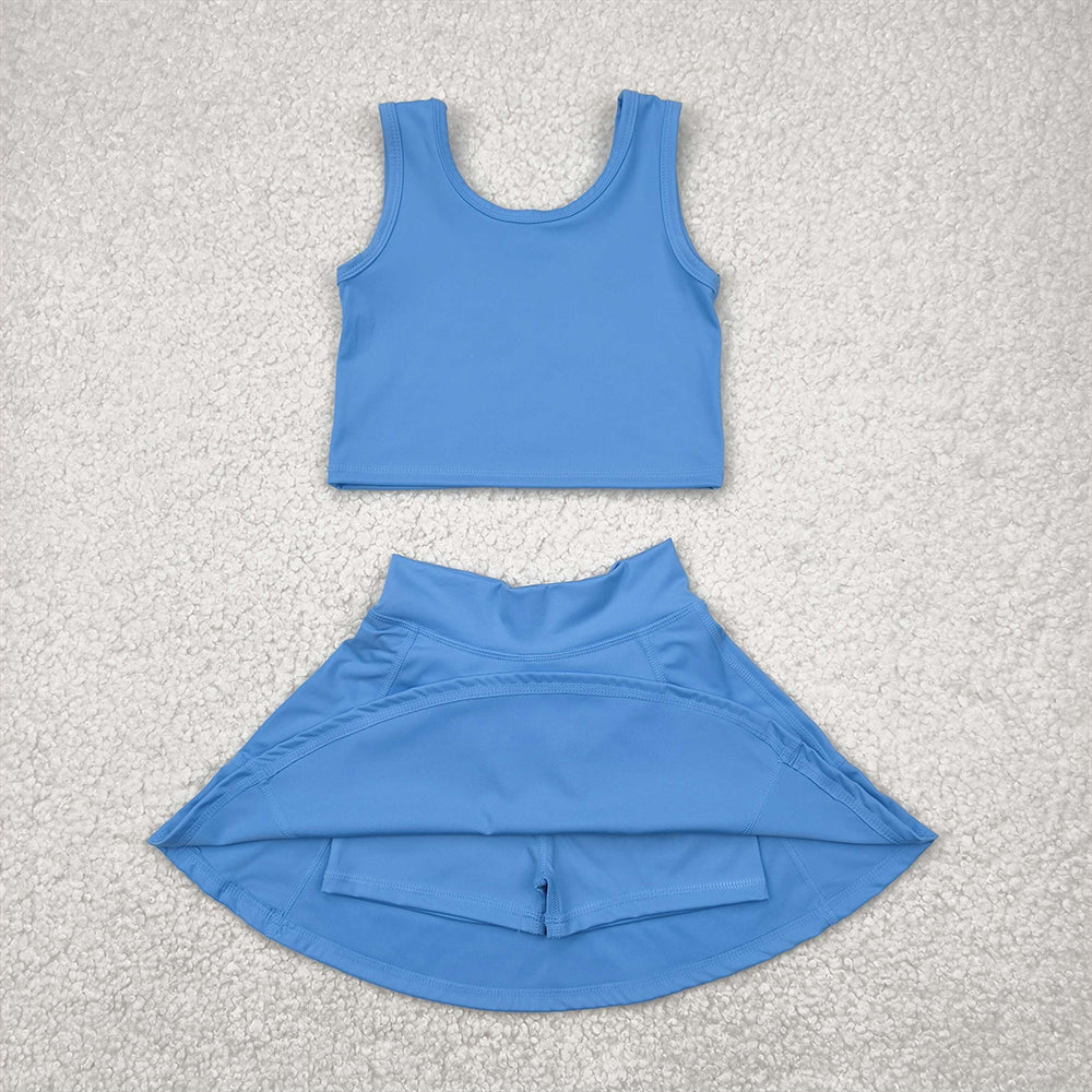 6.04   GSD1985RTS NO MOQ Baby Girls Yoga Outfits  Light blue sleeveless top skirt kids girls active wear set