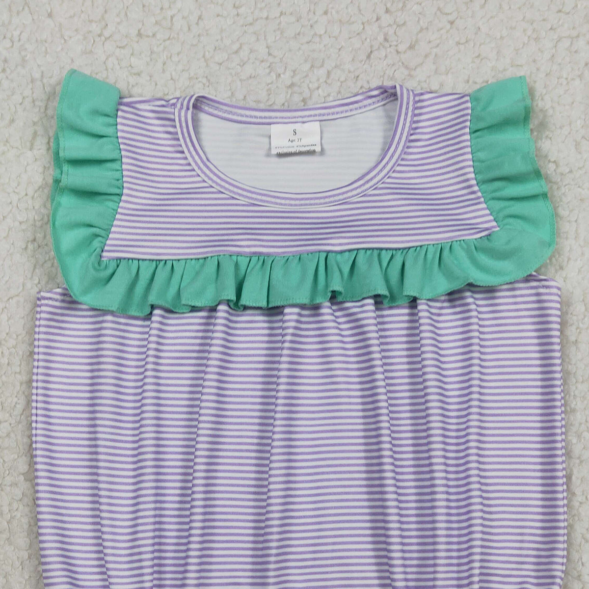 3.30 RTS NO MOQ （In stock）SR3942 Ruffle lavender stripe baby girls summer romper