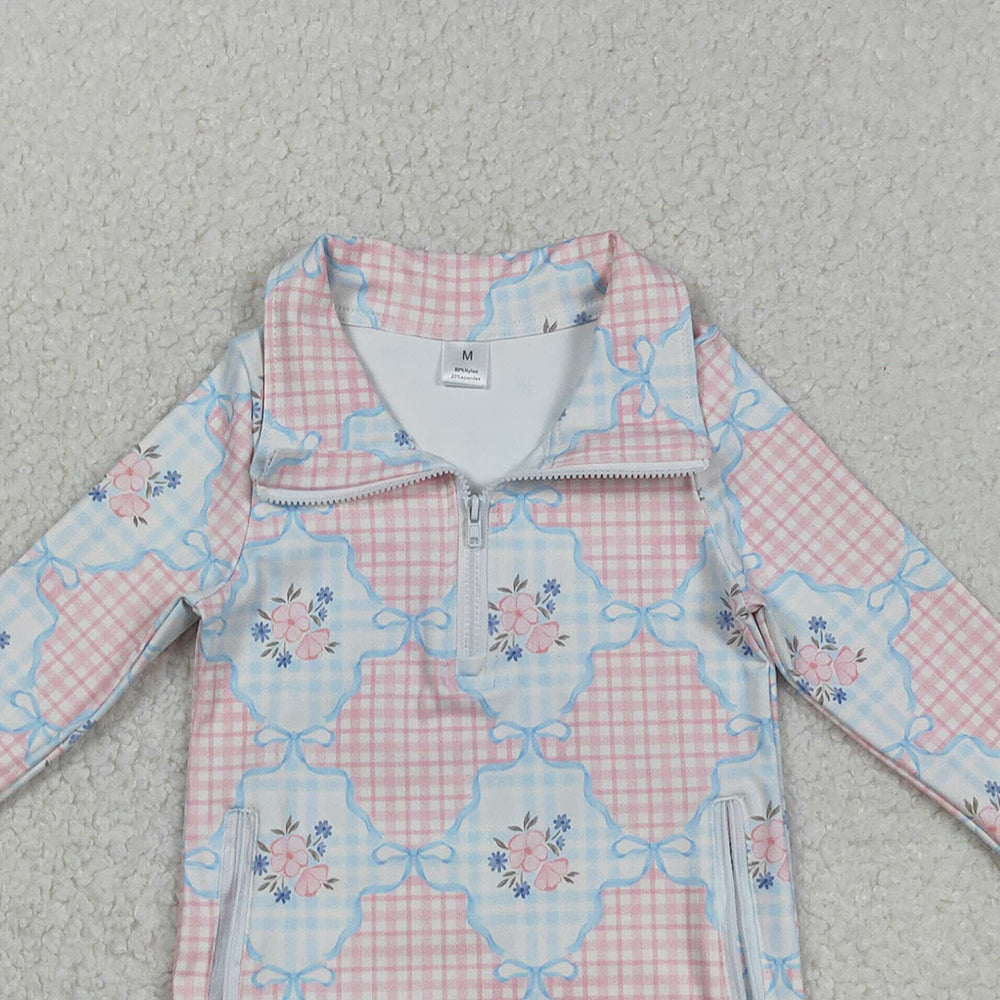 RTS NO MOQ （In stock）GT1062 Baby Girls Long Sleeve Tops Pink Flowers Plaid Pockets Zipper Yoga Active Pullovers Top