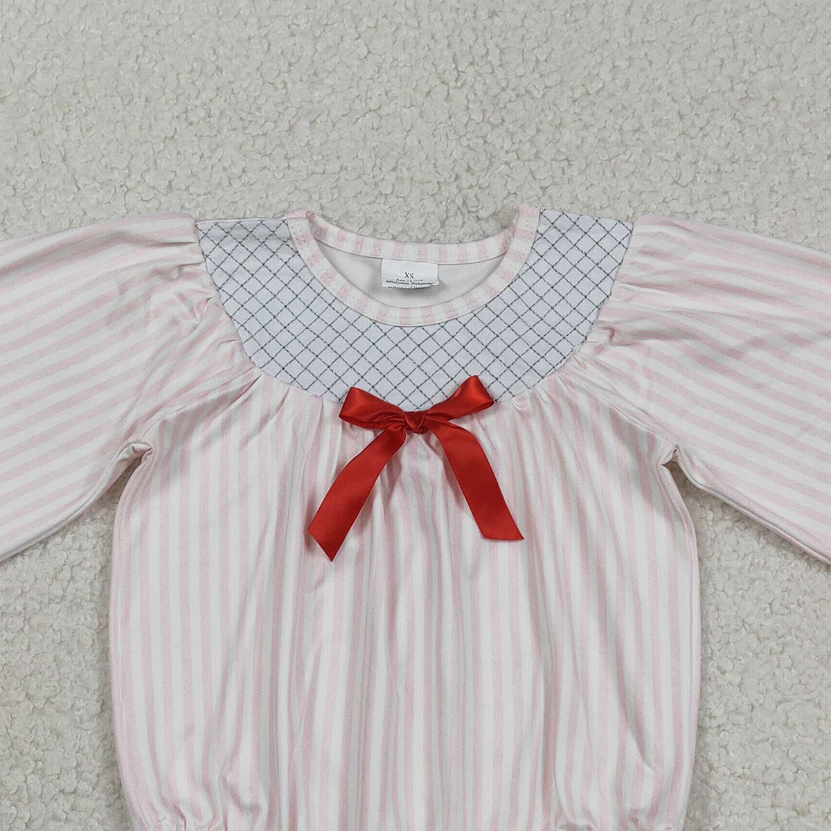 12.29 RTS NO MOQ （In stock）LR2773 Baby Girls Winter Rompers Embroidery Checked Baby Girls Pink Stripe Bows Ruffle Rompers