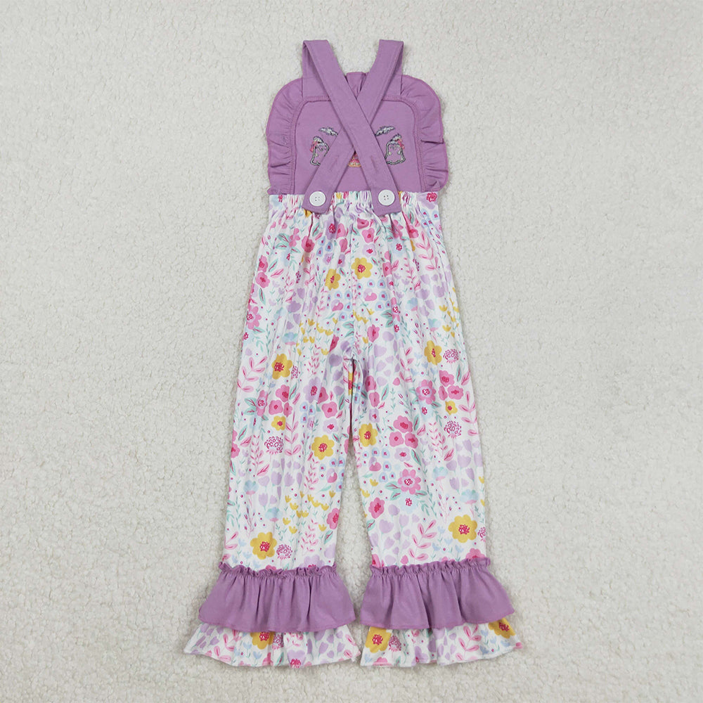 RTS NO MOQ （In stock）SR3177 Baby Girls Summer Jumpsuits Embroidery Baby Girls Lavender Strap Ghost Pumpkins Floral Ruffle Pant Jumpsuits