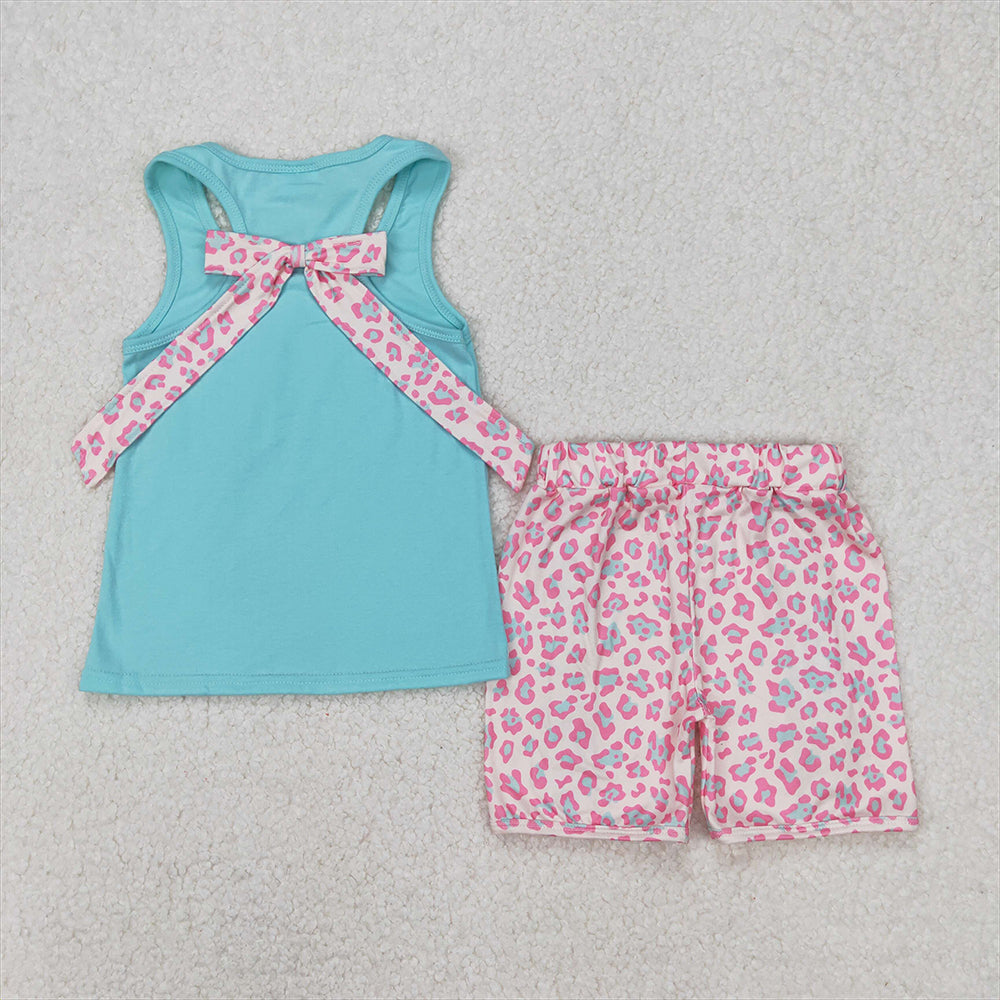 4.25 GSSO1784  RTS NO MOQ Leopard pocket sleeveless mint top ruffle shorts girls clothes