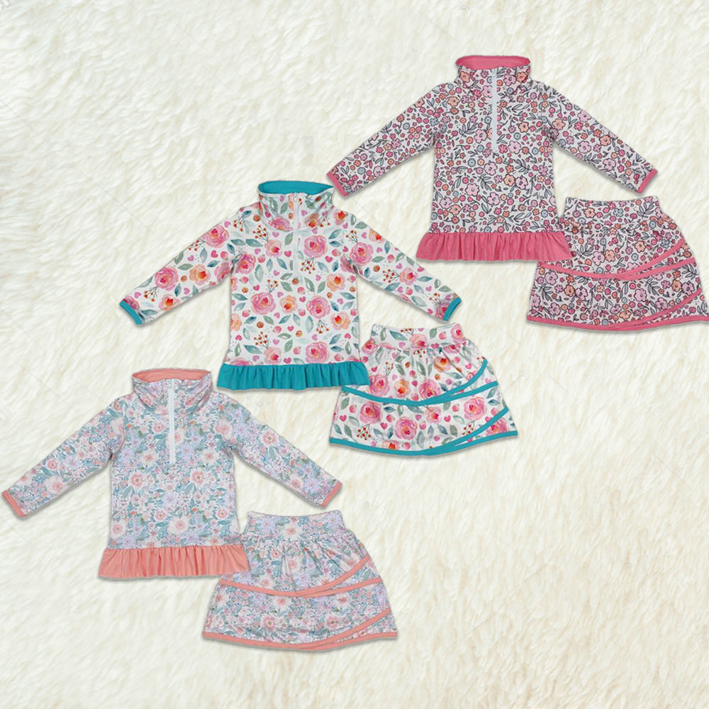 Kids Girls Peach Ruffle Floral Pullover Skirt Set - Floral Print Elastic Waist Mini Skirt with Matching Top for Children's Clothing