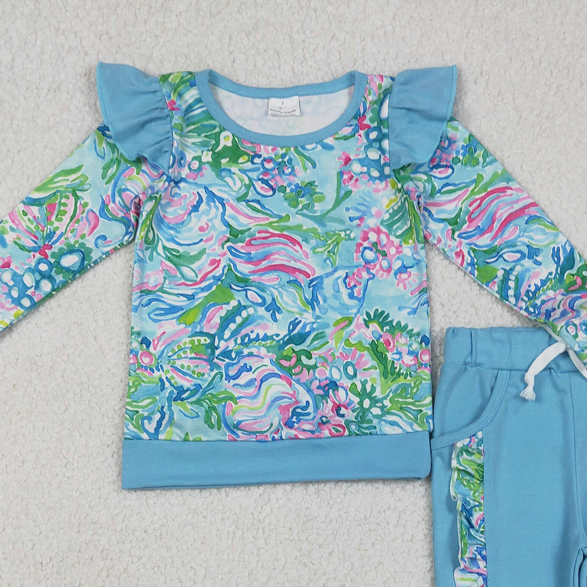 12.4 RTS NO MOQ （In stock）GLP2832 Baby Girls Blue Watercolor Floral Top Pockets Ruffle Jogger Pants Clothes Sets
