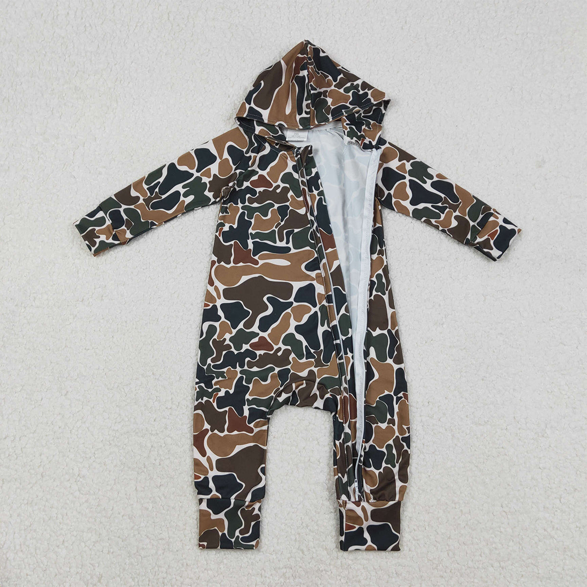 12.9 RTS NO MOQ （In stock）LR2815 Baby Boys Southern Dark Brown Camo Hoodie Two Way Zip Convertible Rompers