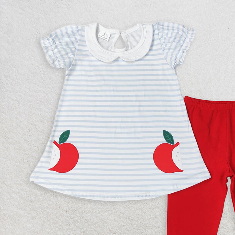 GSPO1446 RTS NO MOQ Baby Girls Spring Outfits Apple striped doll collar short-sleeved red trousers suit
