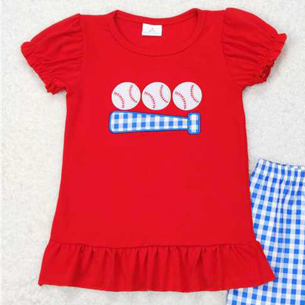 GSSO0428Girls Plaid Shorts Set Short Sleeves Red Baseball Top Outfit for Kids