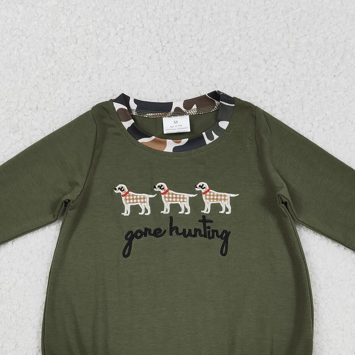 12.16 RTS NO MOQ （In stock）LR2836 Baby Girls Winter Rompers Embroidery Gone Hunting Dogs Baby Boys Olive Rompers