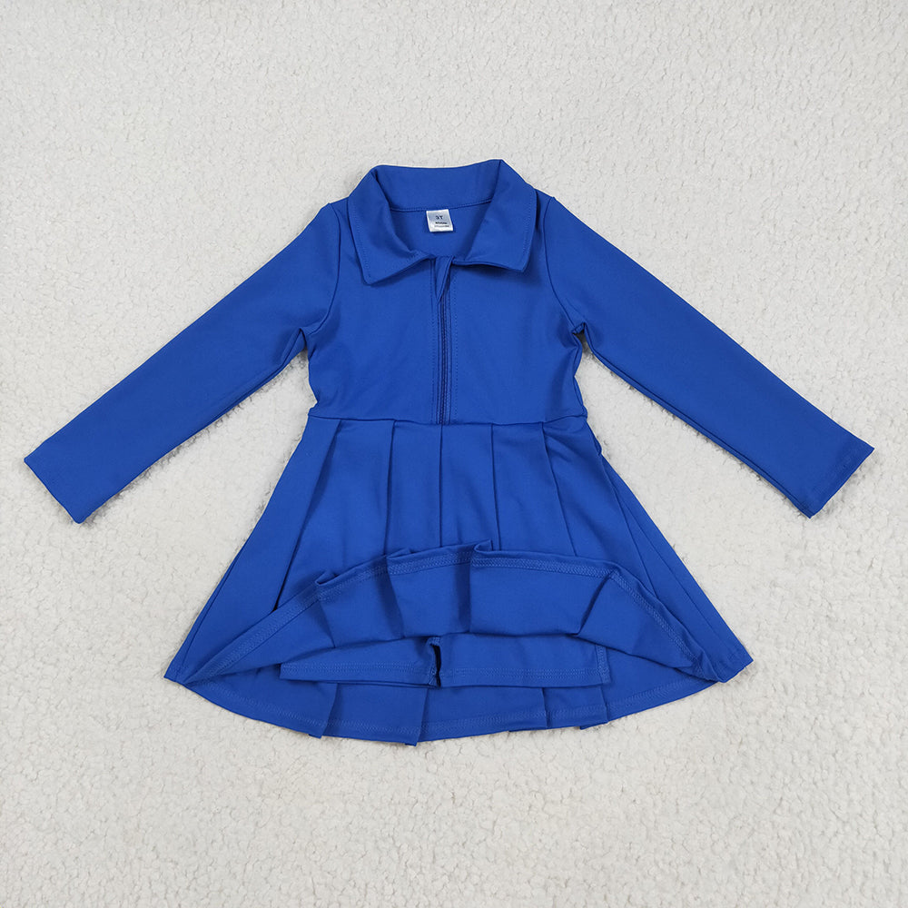 RTS NO MOQ （In stock）GLD1144 Baby Girls Yoga Dress Baby Girls Hot Blue Long Sleeves Zipper Knee Length Dresses
