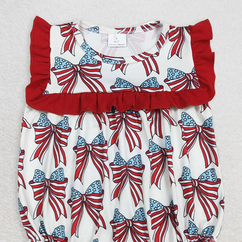 SR2664RTS NO MOQ  Baby Girls Summer Rompers Red Ruffle Stars And Stripes Bow Baby Girls 4th of July Romper Cute Patriotic Outfit for Little Ones