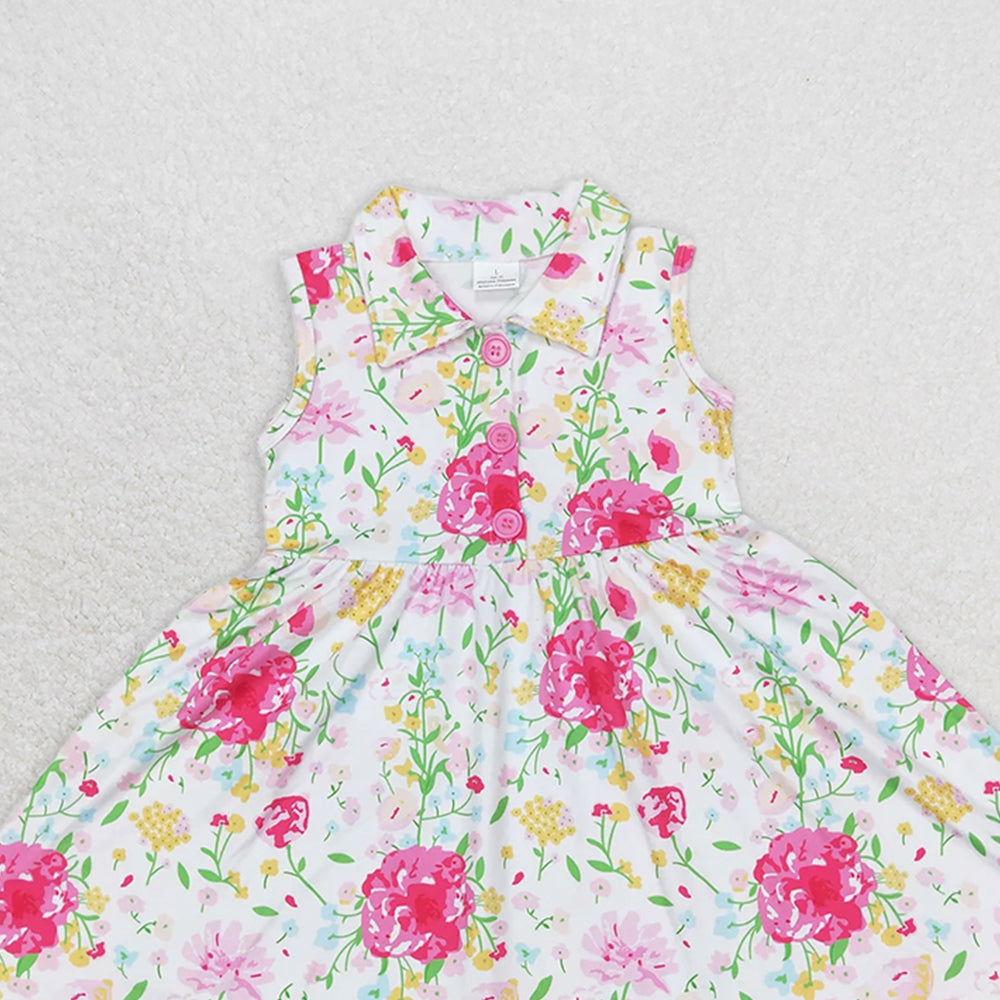 GSD0546 RTS NO MOQ Baby Girls Summer Dress  Baby Girls Pink Flowers Sleeveless Spring Knee Length Dresses