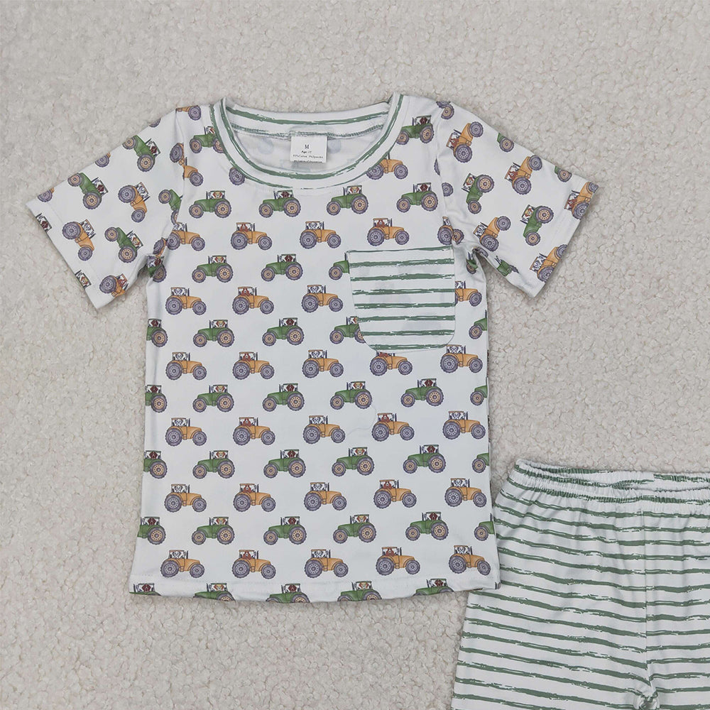 6.13   BSSO1354RTS NO MOQ Baby Boys Summer Boys Outfits  Baby Boys Summer Boys Outfits Farm Trucks Pocket Shirt Top Tee Shorts Clothes Sets