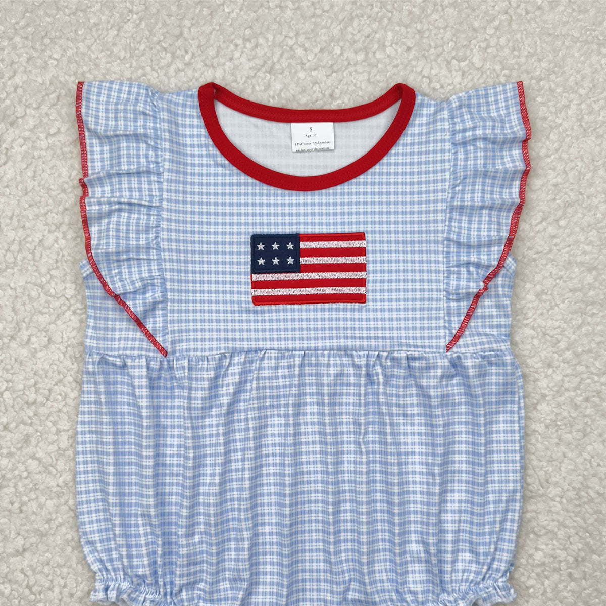 4.24 SR2817 RTS NO MOQ Baby Girls Summer Rompers Flutter sleeves plaid flag baby girls 4th of july romper
