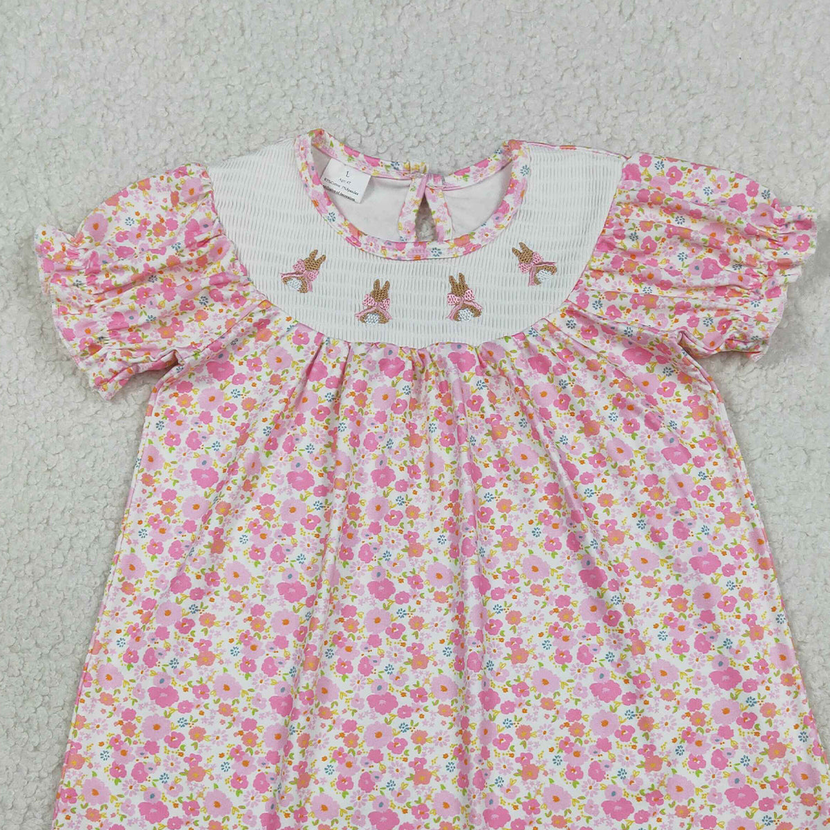 3.28 GSD3406 RTS NO MOQ （In stock）Short sleeves pink floral rabbit smocked girl Easter dress