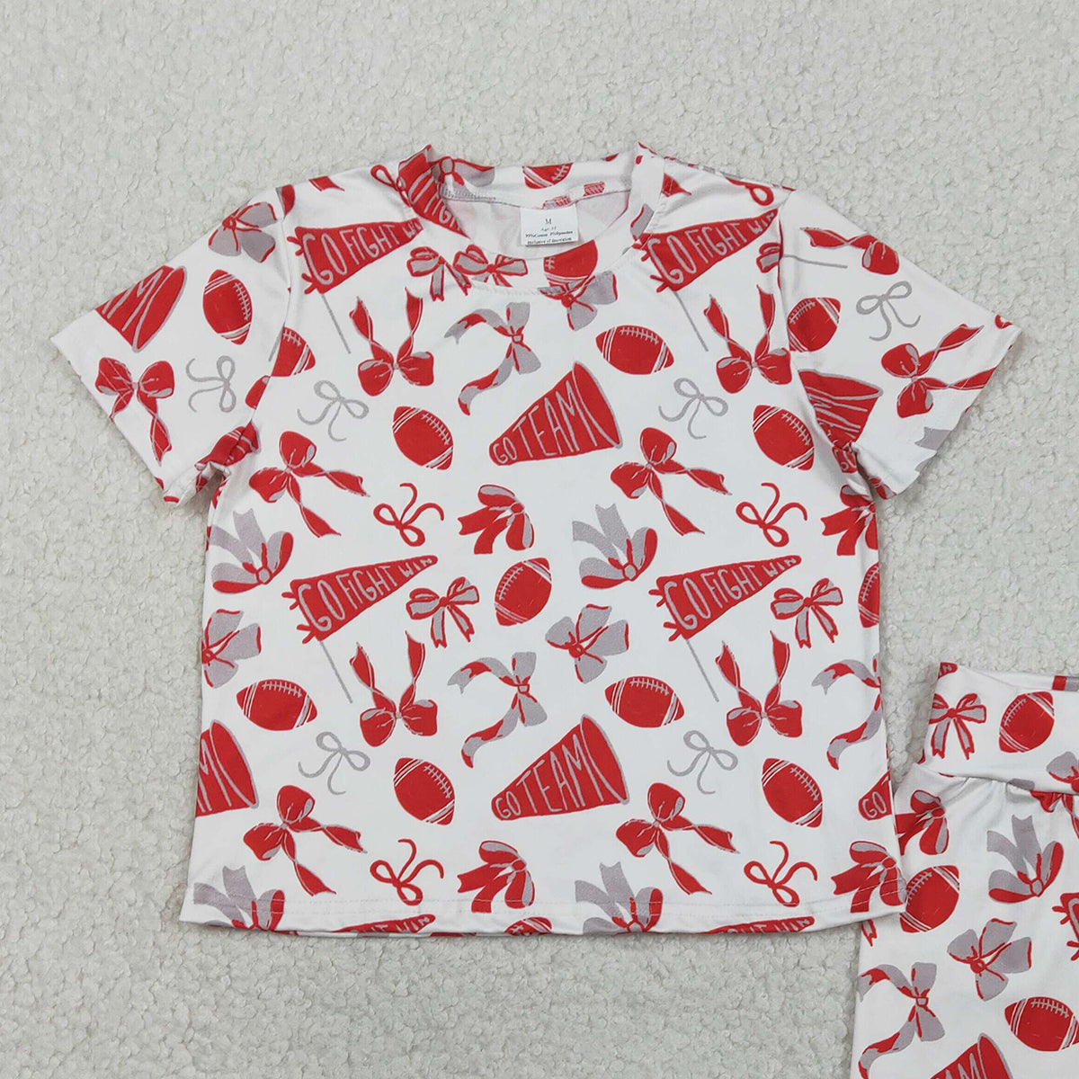 1.23 RTS NO MOQ （In stock）GSSO2727 Baby Girls Red Grey Bow Footballs Top Shorts Go Team Pajamas Clothes Set