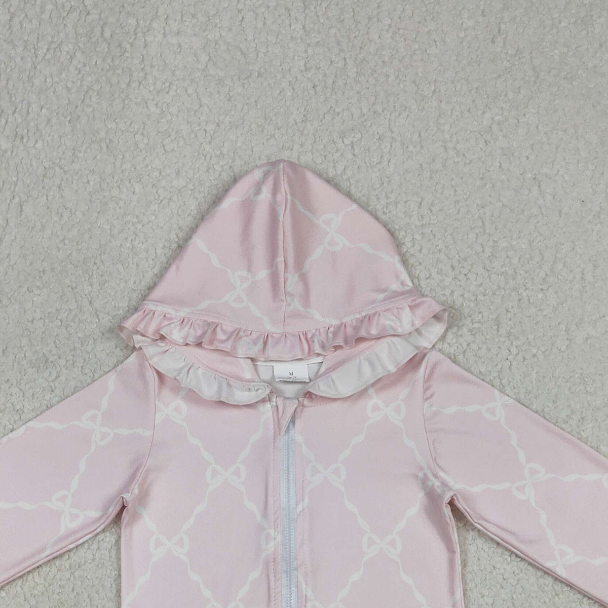 12.24 RTS NO MOQ （In stock）GT1246 Baby Girls Pink Bows Checked Pocket Zip Ruffle Hoodies Jackets Top