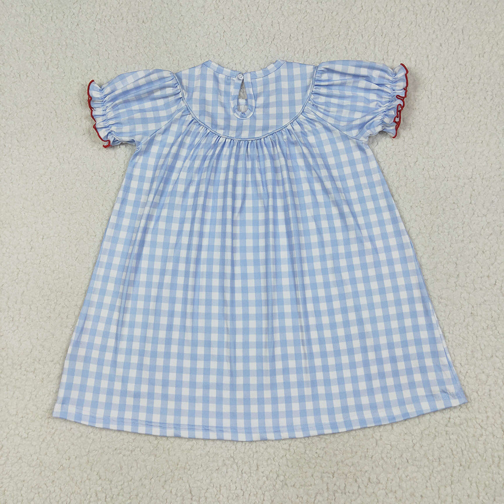 GSD2275 RTS NO MOQ Baby Girls Summer Dress Cow pig chicken blue plaid short sleeves girls dresses