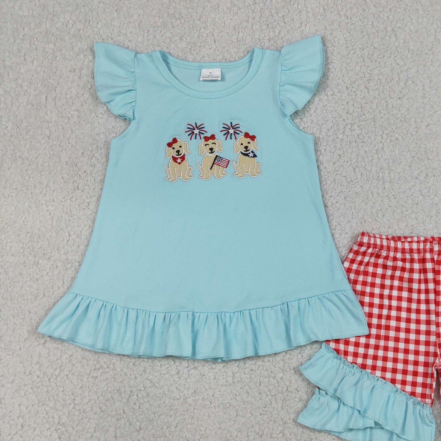 GSSO3356 RTS NO MOQ （In stock）Flutter sleeves dog flag embroidery girls 4th of july set