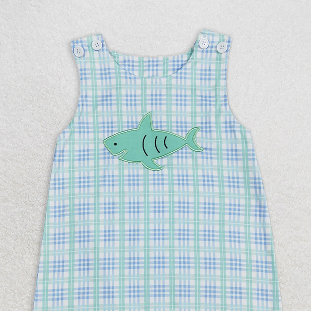 SR0651 RTS NO MOQ Baby Boys Summer Rompers Baby Infant Boys Toddler Shark Blue Checkered Short Sleeve Rompers