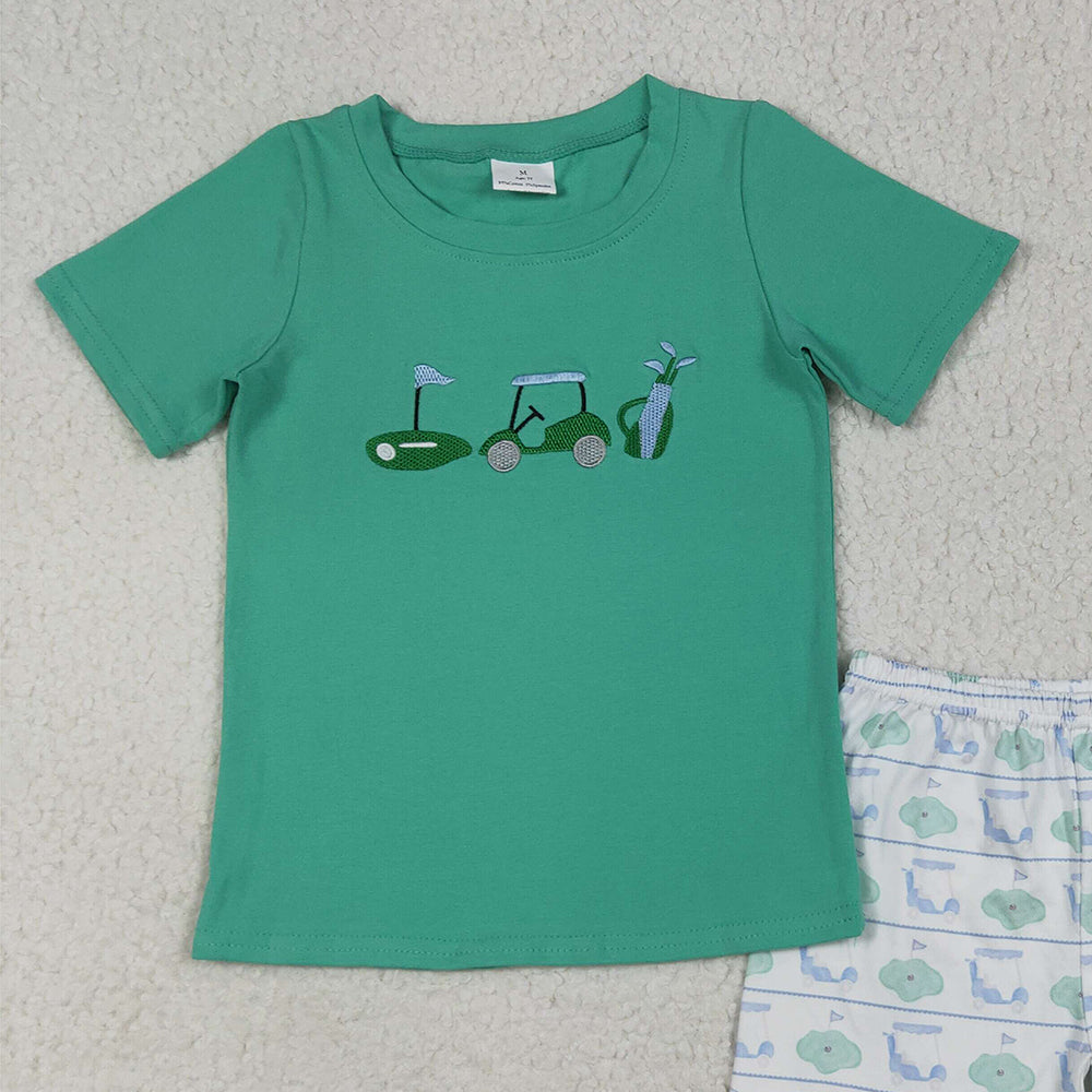 8.14 RTS NO MOQ （In stock） BSSO1540 Baby Boys Summer Boys Outfits Embroidery Baby Boys Green Short Sleeves Golf Truck Top Short Set