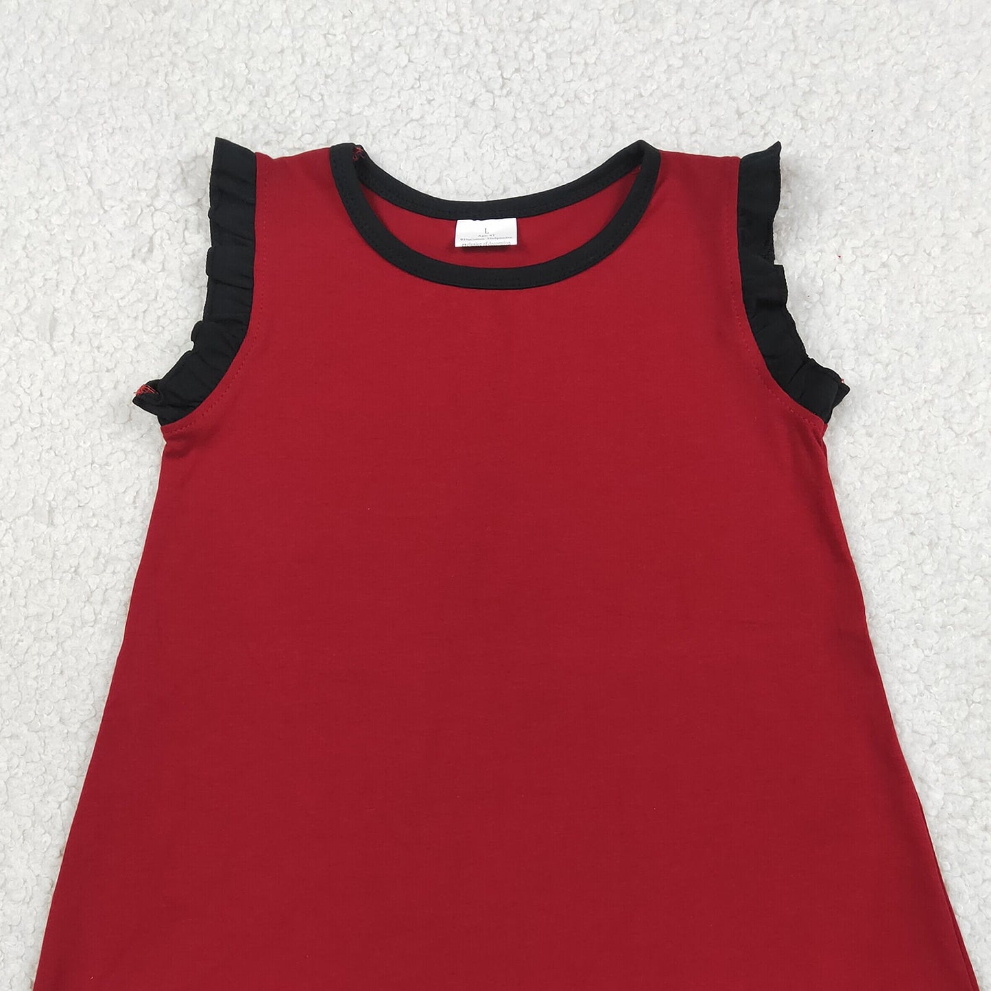 GSD4058 RTS NO MOQ （In stock）Black scallop ruffle sleeveless maroon girls cotton team dress