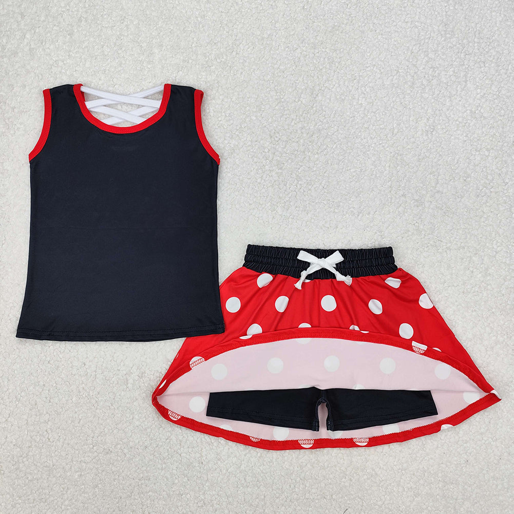 GSD2069RTS NO MOQ Baby Girls Skirt Sets Girls Black Polka Dot Sleeveless Bow Top Skirt Set Cute Casual Outfit for Kids